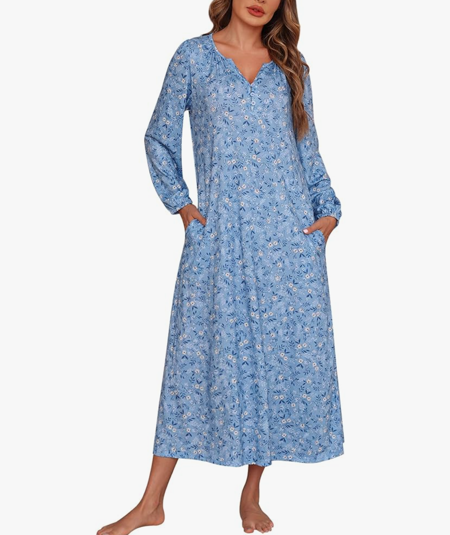 Marvmys Womens Cotton Long Sleeve Nightgown Long Sleepshirts Full Length Henley Sleep Dress with Pockets Large