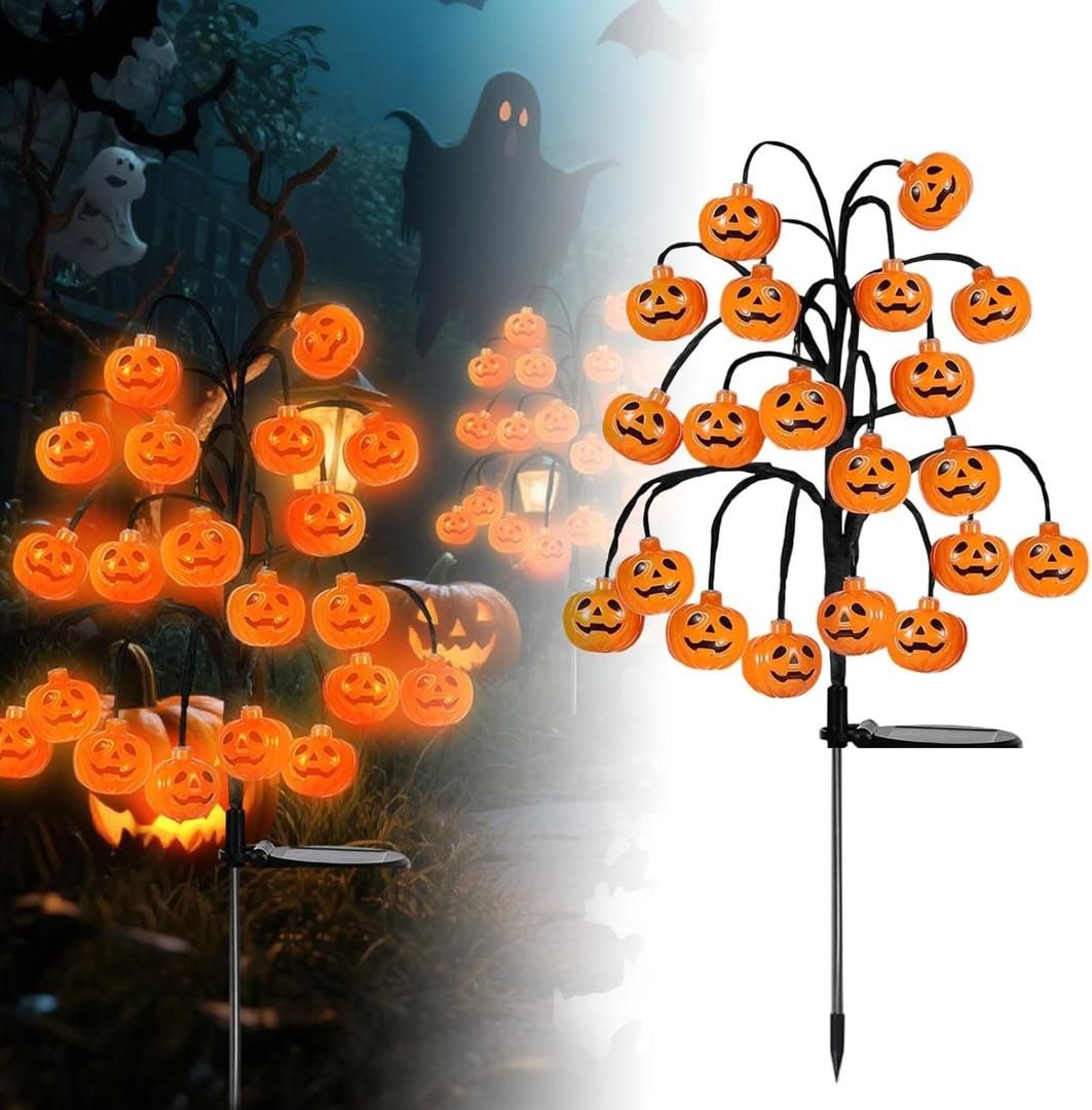 Solar Halloween Lights Outdoor Waterproof, Pumpkin Solar Lights for Outside Thankgiving Decor, LED Orange Pumpkin Swaying Lamps for Garden Decor, Yard, Lawn, Party Decorations (Orange-4pc)