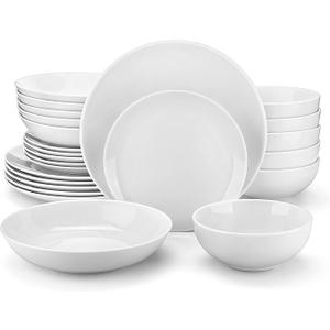 MALACASA 24-Piece Gourmet Porcelain Dinnerware Sets, Modern White Round Dish Set for 6 - Premium Serving Plates and Bowls Sets for Dessert, Salad, Soup, Pasta - Series AMELIA