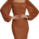 Women Square Neck Lantern Mesh Ruched Bodycon Clubwear Mini Dress Size L