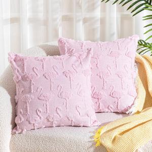Set of 2 Throw Pillow Covers 18x18 Inch 3D Protruding Throw Pillow Cases Soft Plush Faux Fur Wool Summer Couch Cushion Case for Sofa Room Decoration(Flamingo)