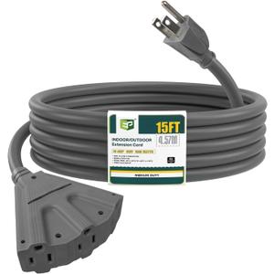 EP 15 Ft Outdoor Extension Cord with 3 Electrical Power Outlets - 16/3 SJTW Grey Cable with 3 Prong Grounded Plug for Safety Great for Christmas Lights, Garden and Major Appliances