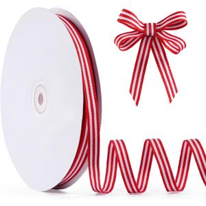 Red and White Striped Grosgrain Ribbon, 3/8" x 50 yds, Double Sided Patriotic Ribbon for American Crafts, Cheerleading Decorations, Independence Day, Christmas Decorations,Valentines Day