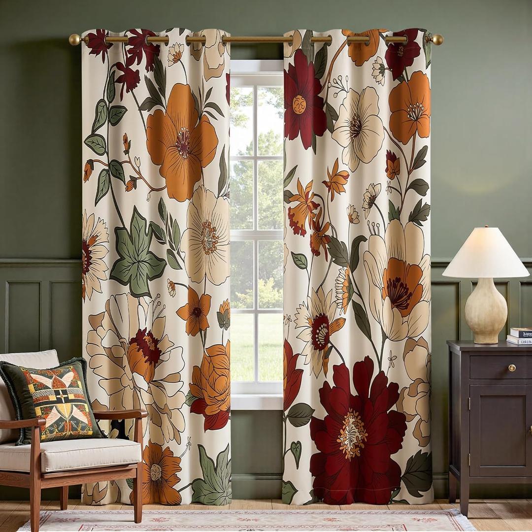 JINCHAN Lora Floral Curtains for Bedroom 95% Blackout Drapes Room Darkening Window Drapes Fall Decor Winter Vintage Boho Flower Print Curtain for Living Room 84 Inch Length 2 Panels with Grommet Beige