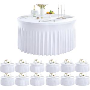 Leegleri 12 Pack White Spandex Round Tablecloths - 60 inch, Stretchy 120 inch Fitted 5FT Round Table Cloths with Wrinkle Free Skirt for Wedding Party Dining Banquet