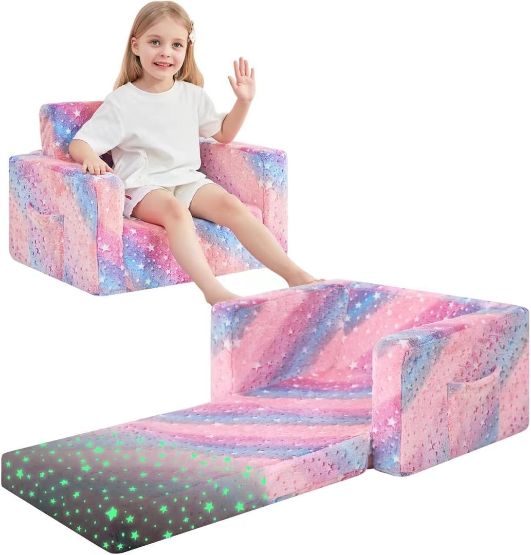 lasoftan Toddler Couch, 2-in-1 Soft Kids Couch Bed Fold Out, Toddler Chairs Comfy for Boys & Girls, Convertible Kids Sofa to Lounge for Playroom, Gift for Birthday, Children's Day- Glow Star, 17 inches x 23 inches x 16 inches