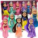 Little Dolls Set with Mini Princess Dolls for Girls  Princess Toy Dolls for Dollhouse Small Doll Mini Princess Figures with Tiaras, Hair Accessories (Caucasian)