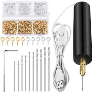 Lanties Electric Resin Drill Set, Including 300 Gold Silver Eye Screws, 10 Twist Drill Bits Tools, Electric Mini Drill with Wrench Hex Pin Vise for Casting Resin DIY Molds Keychain Craft Making
