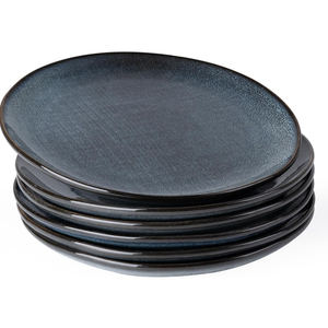 famiware moonlight salad plates set of 6, 8 inch plates set with linen finish, serving dishes for kitchen, stoneware dinnerware, scratch resistant, microwave and dishwasher safe, dark blue