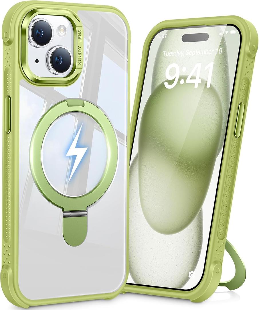 Magnetic Ring Stand Case for iPhone 15, 16FT Military-Grade Protection Shockproof, Non-Slip, Anti Scratch, Textured Grip & Clear Back for Hands-Free Video Calls (Clear Green)