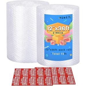 Yens Nylon Bubble Cushioning Rolls 72 ft 12 Inch width Packing Materials 3/16" AIR Bubble Perforated every 12" wrap 20 bonus Fragile Stickers