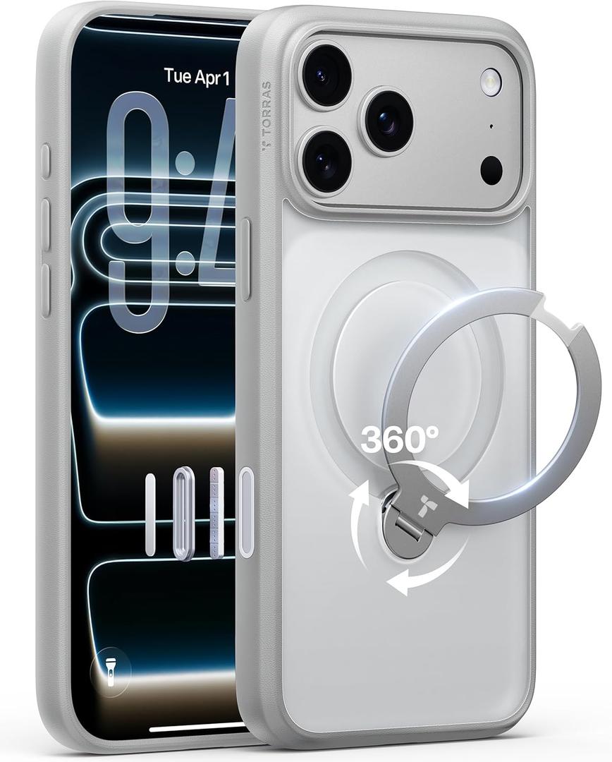 TORRAS Ostand Q3 Spin for iPhone 17 Pro Case with 360 Magnetic Stand, Fit for MagSafe, Built-in Kickstand, 4X Military-Grade Shockproof Phone Case for iPhone 17 Pro Translucent Silver, Camera Control