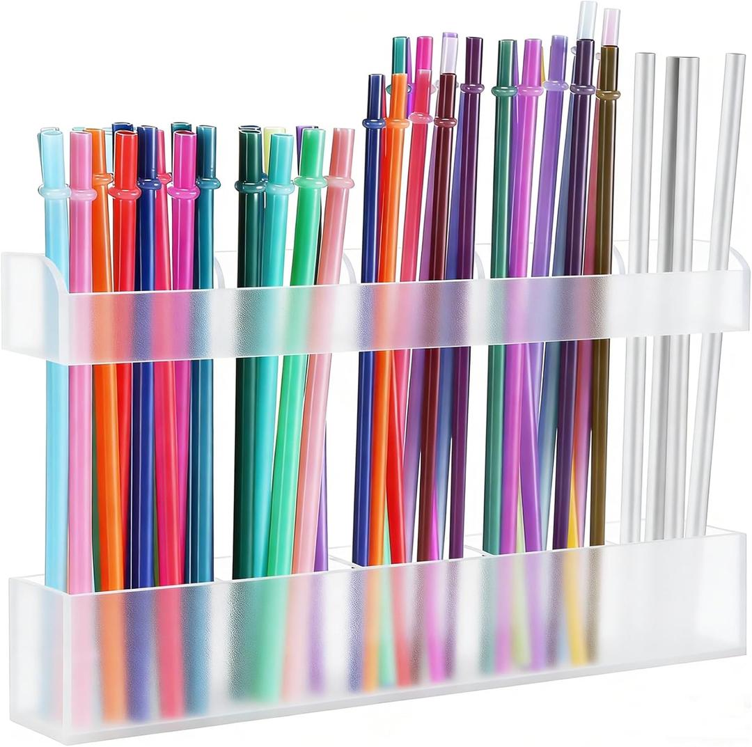 3 x 9.5'' Thickened Large Acrylic Straw Holder for Cabinet Door, Reusable Tumbler Straw Organizer Storage, Straws Storage Dispenser with Ultra Sticky Adhesive, Adjustable Two-Part Straws Organizer (Matte)