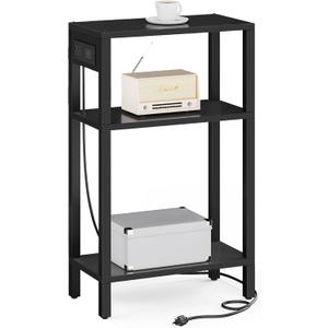 TUTOTAK Narrow Side Table with Charging Station,Small End Table with USB Ports and Outlets, Skinny Sofa Table, Slim Nightstand, Living Room, Bed Room, Black TB01BK079, 3-Tier7.9"D x 15.8"W x 26"H