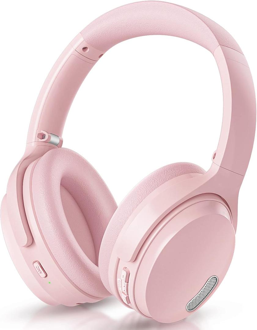 HROEENOI Active Noise Cancelling Wireless Bluetooth Over-Ear Headphones, Memory Foam Ear Cups, Quick Charge for 40H Playtime, Ideal for Travel, Home Office, Gym Workouts -Pink