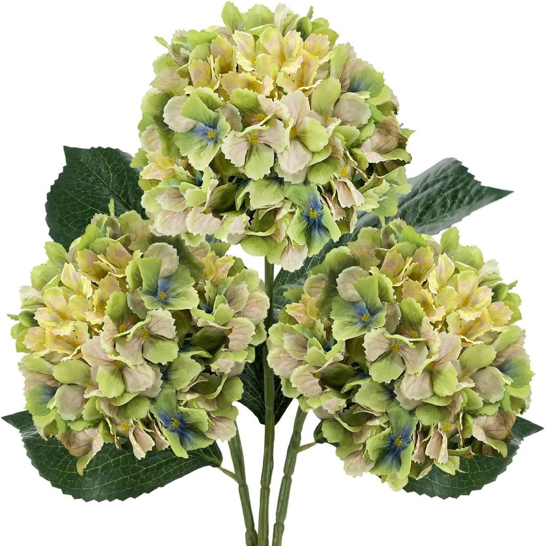 3PCS Green Silk Hydrangea Artificial Flowers, Fake Flowers & Faux Floral Bulk Bouquet for Home Decor Bathroom Table Centerpiece Shelf Decorations (Green)