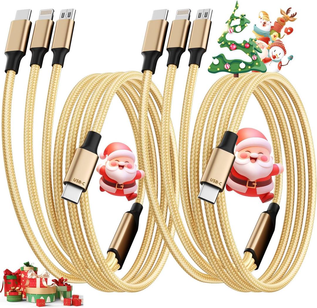 USB C Multi Charging Cable [2Pack 4FT], 3 in 1 Charging Cable Nylon Braided USB-C Multiple Charger Cord with Type-C, Micro USB and IP Port for Cell Phones and More (Golden) (2Pack4FT)