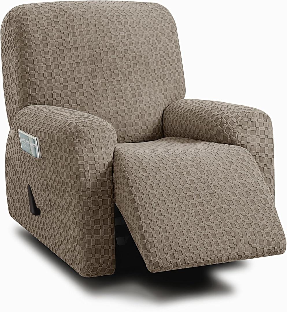 ULTICOR 4-Piece, 1 Seat Recliner Cover, Jacquared Stretch Reclining Chair Covers for 1 Cushion Reclining Sofa, Single Seat Recliner Couch Cover, Thick, Very Soft, Machine Washable (Style 2) (Taupe)