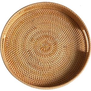 16.9" Round Rattan Tray, Hand Woven Serving Tray with Handles, Wicker Serving Basket, Decorative Tray for Home Decor, Natural