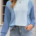 Womens Long Sleeve Tops Color Block Crewneck Knitted Casual Pullover Sweatshirt Loose Fit Fall Clothes (S)