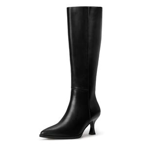 IDIFU Women's Black Knee High Tall Boots Gogo Pointed Toe Low Kitten Heel Long Fall Boot Side Zipper for Women Ladies Dress Dressy Office Evening Fashion Small Heeled Boots(Black Pu, 7)