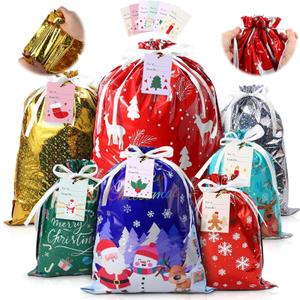 PARTTELY 36pcs Drawstrings Christmas Gift Bags Assorted Sizes, Holiday Gift Bag with Tags Bulk Christmas Bag For Gifts Wrapping, Reusable Aluminum Foil Xmas Presents Party Favor Goody Jumbo Bags