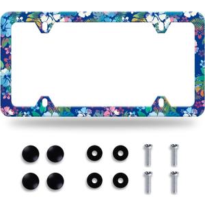 Blue Pink Hibiscus License Plate Frame Colorful Tropical Floral License Plate Frames Stainless Steel Accessories Cars Decor with 4 Holes and Screws Fits Standard US CA Vehicles Size 12.2 x 6 Inches