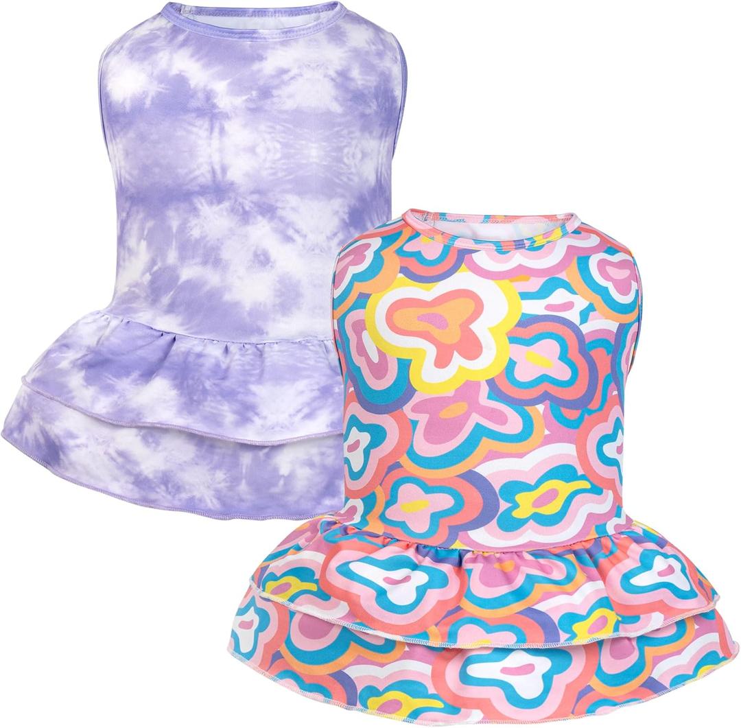 cyeollo 2 Pack Tie Dye Dog Dress Soft Breathable Dresses Dog Clothes for Small Dogs Girl Outfit Pet Apparel, Tie Dye+Flower, L