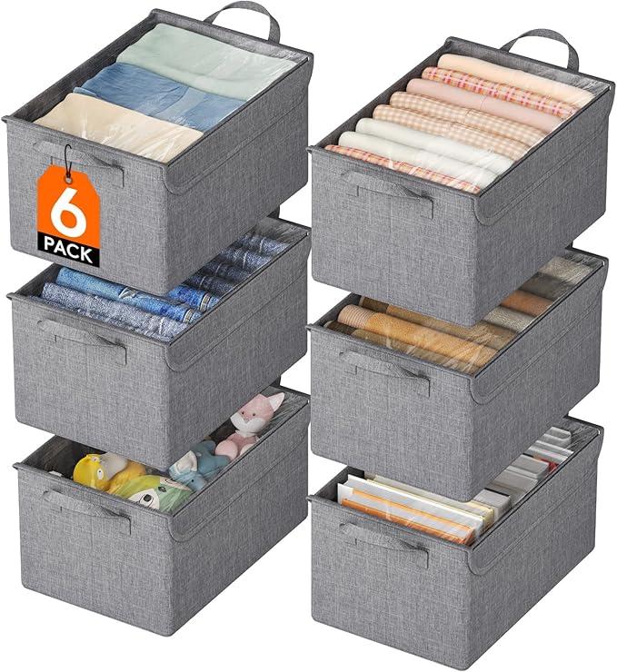 Fabric Storage Boxes 6 Pcs, Stackable Storage Bins with Clear Lids, Foldable Oxford Cloth Cube Closet Organizer Baskets, Clothes Containers for Towels, Blankets, Books, Light Grey-Medium