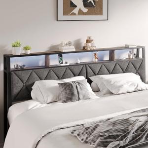 King Headboard Only, Headboard for King Size Bed with Storage, Upholstered Headboards with LED Lights & Charging Station, Attach Frame, Ideal for Bedroom/Dorm/Guest Room, Dark Grey & Brown