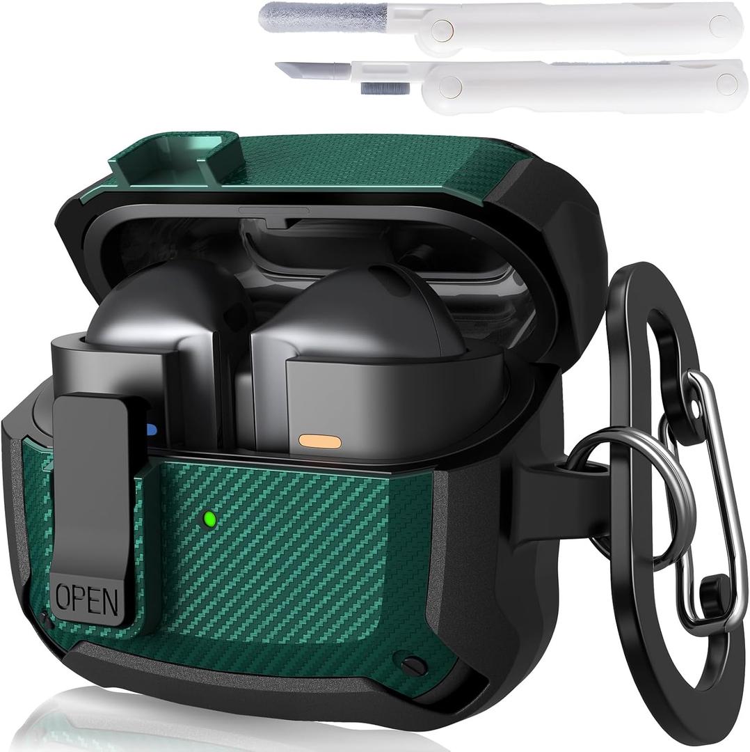 KOREDA Compatible with Samsung Galaxy Buds 3 Pro & Galaxy Buds 3 (2024) & Galaxy Buds 3 FE (2025) Case with Cleaner Kit, Military TPU Shockproof Protective Hard Cover with Secure Lock for Men (Green)