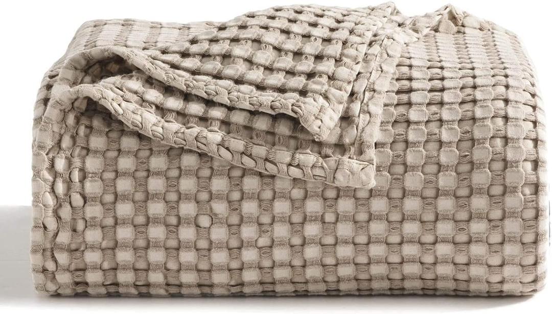 Bedsure Cooling Cotton Waffle Queen Size Blanket -Lightweight Breathable Summer Blanket of Rayon Derived from Bamboo for Hot Sleepers, Luxury Throws for Bed, Couch and Sofa, Taupe, 90x90 Inches (Queen (90" x 90"))