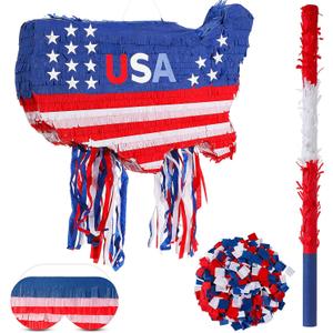 USA Map Piñata Set Red White Blue Birthday Party Supplies 22in Patriotic Shaped Piñata with Stick Blindfold Confetti for Summer Pool Backyard BBQ American Theme Outdoor Party Supplies