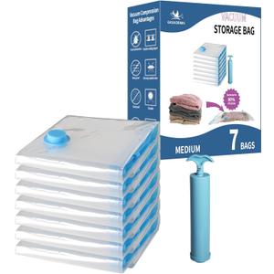 7 Pack Medium Space Saver Vacuum Storage Bags for Clothing Travel, Vacuum Seal Compression Bags for Clothes, Packing, Luggage, Blankets, Comforters and Pillows, Hand Pump Included