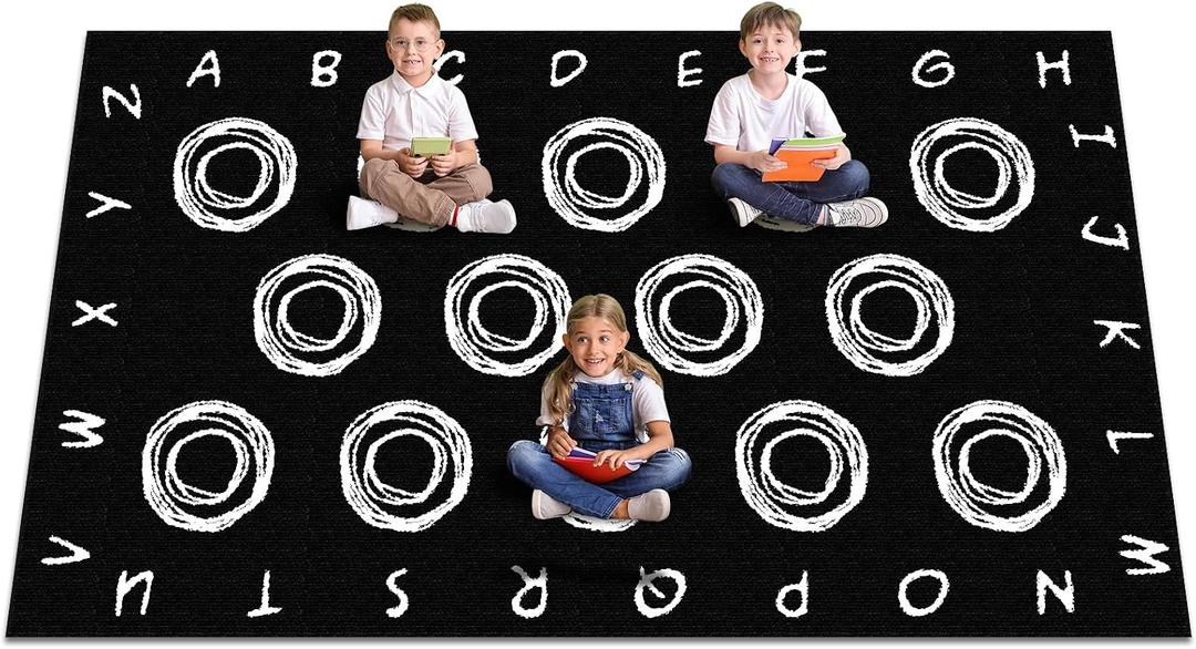 Teenyyou 6.5 x 11 ft Large Classroom Rug Circle Abstract Educational Area Rug Kids Room Children Classroom Carpet Playroom Learning Black Square School Decor Seating Carpet
