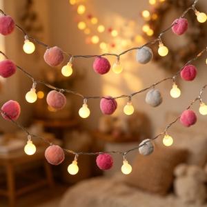 6.56FT Pom Poms Fairy Lights - 20 LED Battery Operated String Lights with Warm White Globe Balls - Cute Indoor Decor for Bedroom, Kids Room, Playhouse, Birthday, Baby Shower, Boho Aesthetic - Pink
