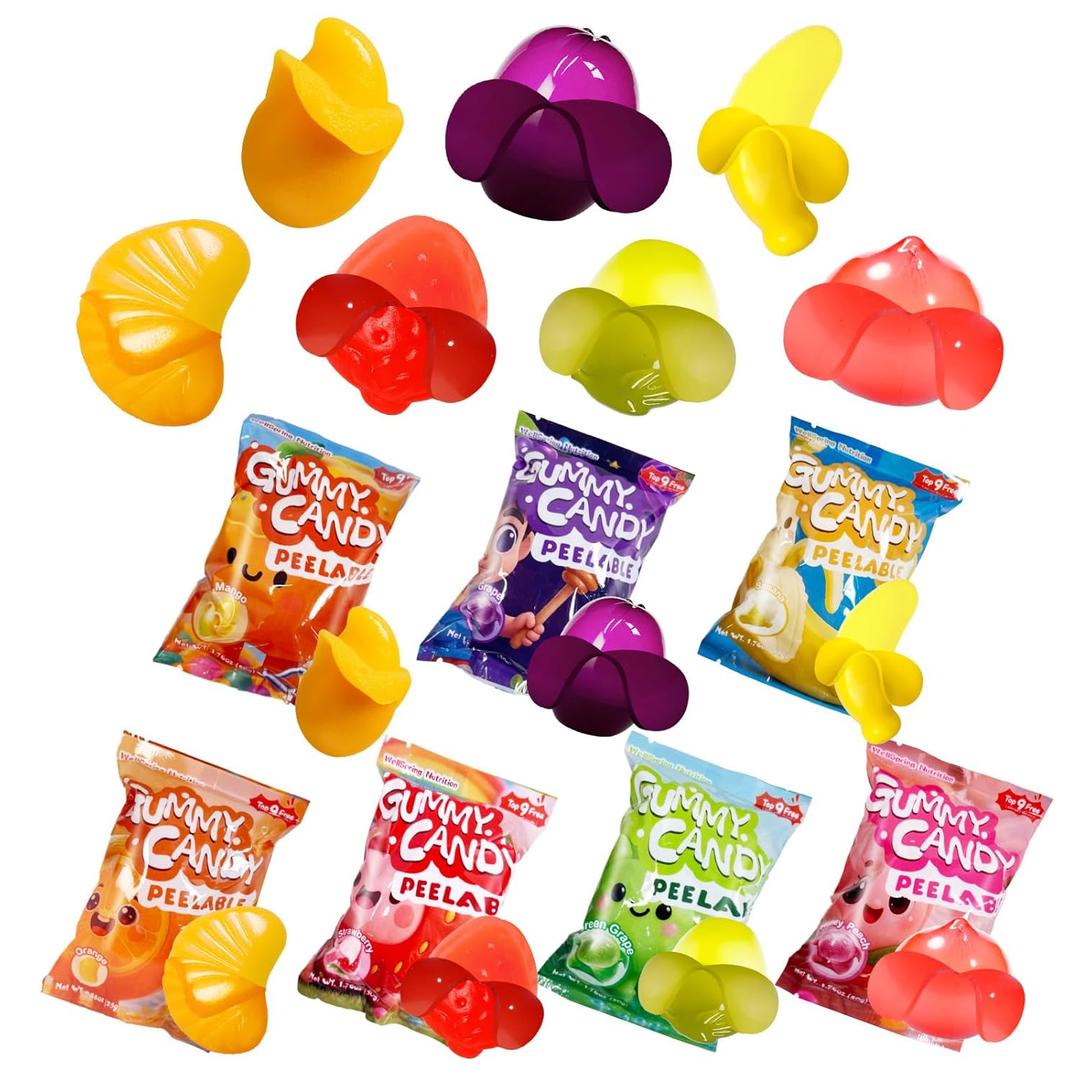 Wellspring Peelable Gummy Candies Individually Wrapped, 7 Friuts in 7 Variety Packs Peelable Fruit-Shaped Gummies Candy, Net 350g/12.35oz Chewy Peeling Candy Gummy Snacks, Real Fruit Juice (30%)