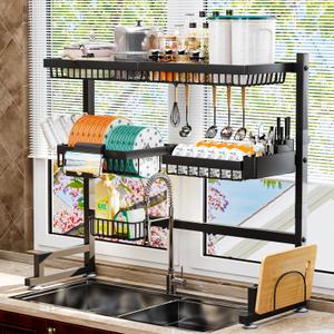 3-Tier Over Sink Dish Draining Rack, Adjustable Width and Height, with Phone Holder, Cup Holder, Knife and Chopstick Holder, Cutting Board Rack, Space-Saving Rack (27-36L x 12W x 32.5-37H (inches), Black)