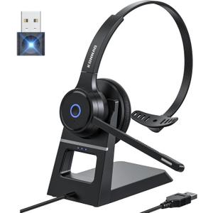 Bluetooth Headset with AI Noise Cancelling Microphone, V5.3 Wireless Headphones with USB Dongle, Charging Station, Microphone Mute Switch, Wireless Headsets for Work (Black)