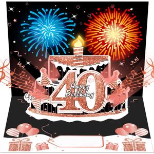 40th Birthday Cards for Women, Pop Up Cake Blow Out Candle Fireworks Light and Music Black Rose Gold Happy 40th Birthday Card Gift for Women, Sister, Wife, Mom, Friends