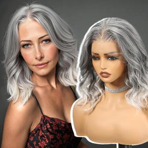 Grey White Synthetic Lace Front Wig,136 Glueless Shoulder Length Curly Bob Wigs for Women Daily Use 16IN