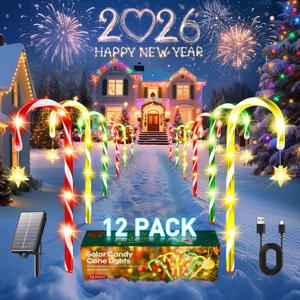 2025 Upgraded Christmas Decorations Outdoor Solar Candy Cane Lights, 10 Modes Waterproof Solar Christmas Pathway Lights with USB Charge, 28 FT 72 LEDs Outdoor Xmas Decor for Yard Lawn Porch Holiday (24 Pack)