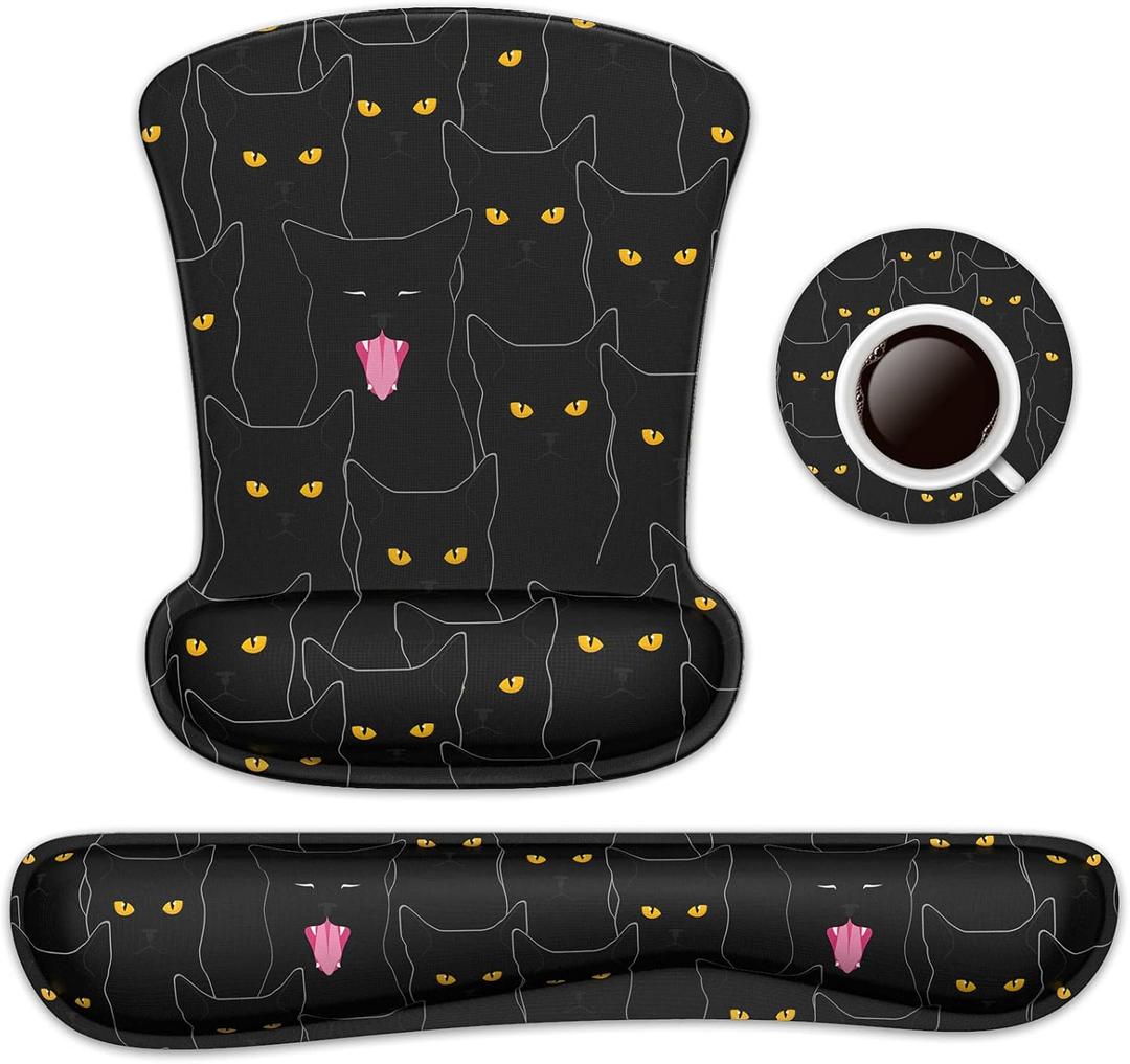 Wrist Rest Support Ergonomic Gel Mouse Pad & Memory Foam Keyboard Set Non-Slip Rubber PU Base Easy Typing and Relieve Wrist Pain Mouse Mat for Computer Office - Black Cats
