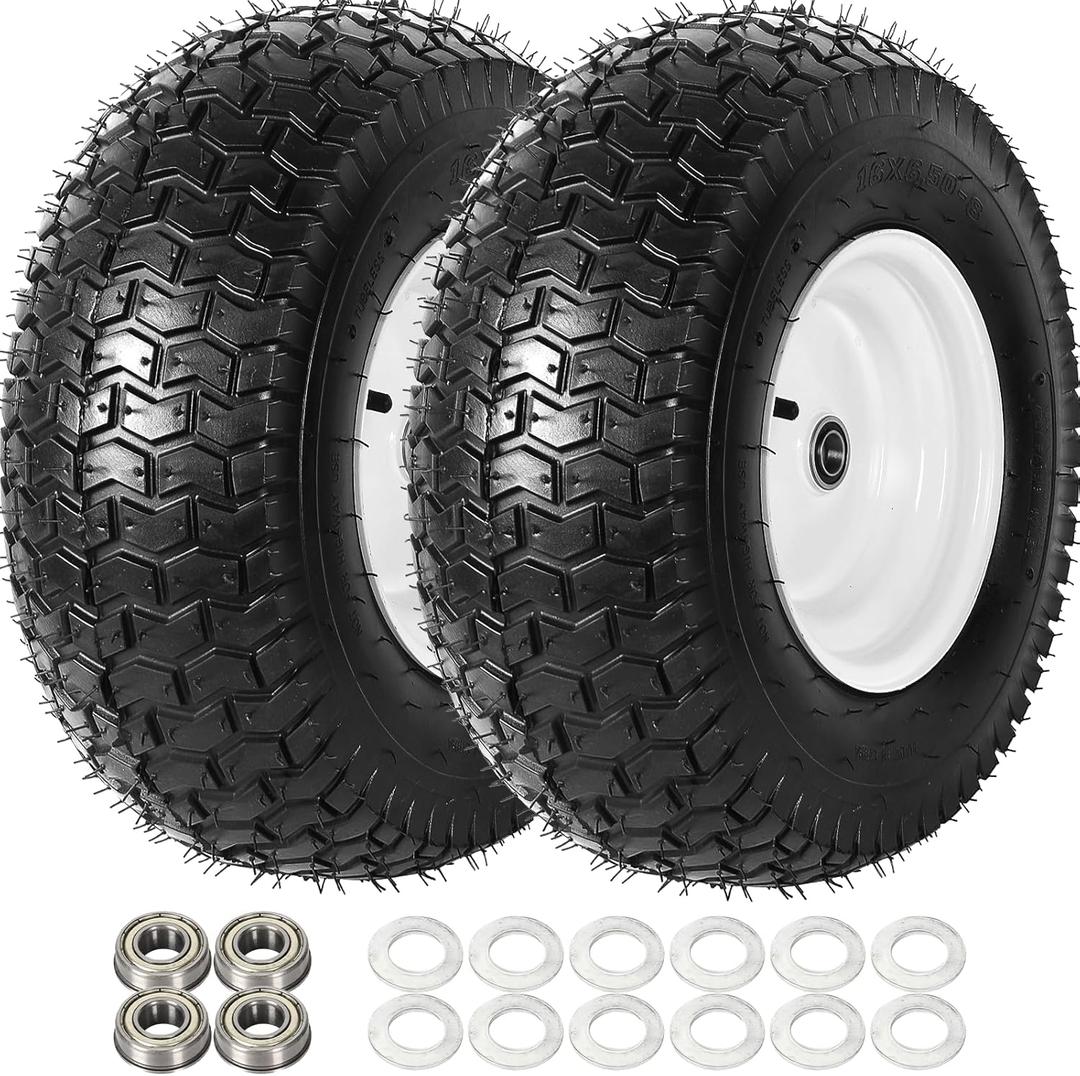 AR-PRO (2 Pack) 16 x 6.50-8 Tubeless Tires and Wheels Set, 3" Offset Hub and 3/4" or 5/8 Bearings, Compatible with John Deere Riding Mowers and More, 4 Ply with 600lbs Load Capacity