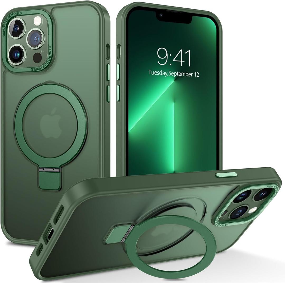 DUEDUE for iPhone 13 Pro Max Case Magnetic with Ring Stand[Compatible with Magsafe], Translucent Matte Back Full Body Protective Cover Kickstand Phone Case for Apple iPhone 13 Pro Max 6.7", Green