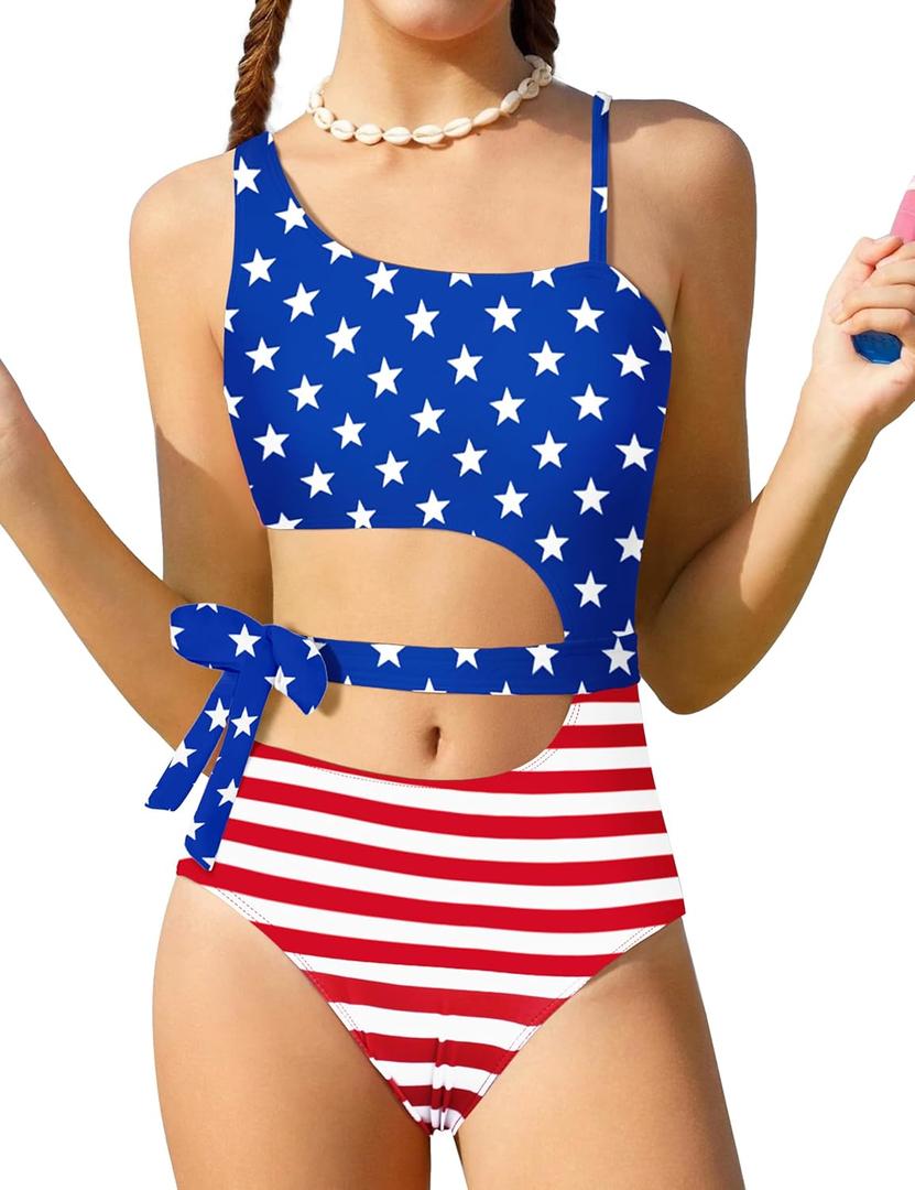 Girls One Piece Swimsuits One Shoulder Stripe Bathing Suit with Ruffle Mesh Skirt Side Tie Cut Out Swimwear (9-10 Years, Red White Blue#4th of July)