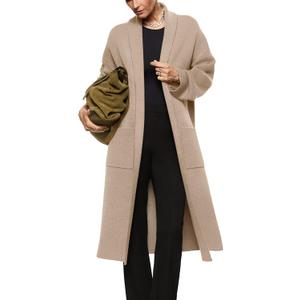 Womens Long Sleeve Maxi Cardigan Open Front Oversized Knitted Sweater Coat Casual Lapel Warm Overcoat with Pockets (Medium, Beige)