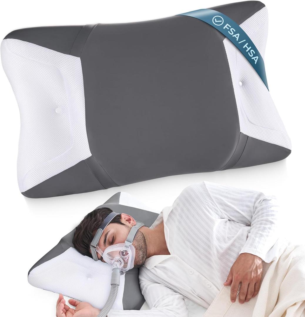 CPAP Pillow for Side Sleeping, HSA/FSA Sleep Apnea Pillow for All CPAP Masks Users to Reduce Air Leaks, Masks Pressure, Memory Foam with Cooling & Breathable Pillowcase for Side Back Sleeper (25.6*15.8*3.5/4.33inch, Dark Gray)