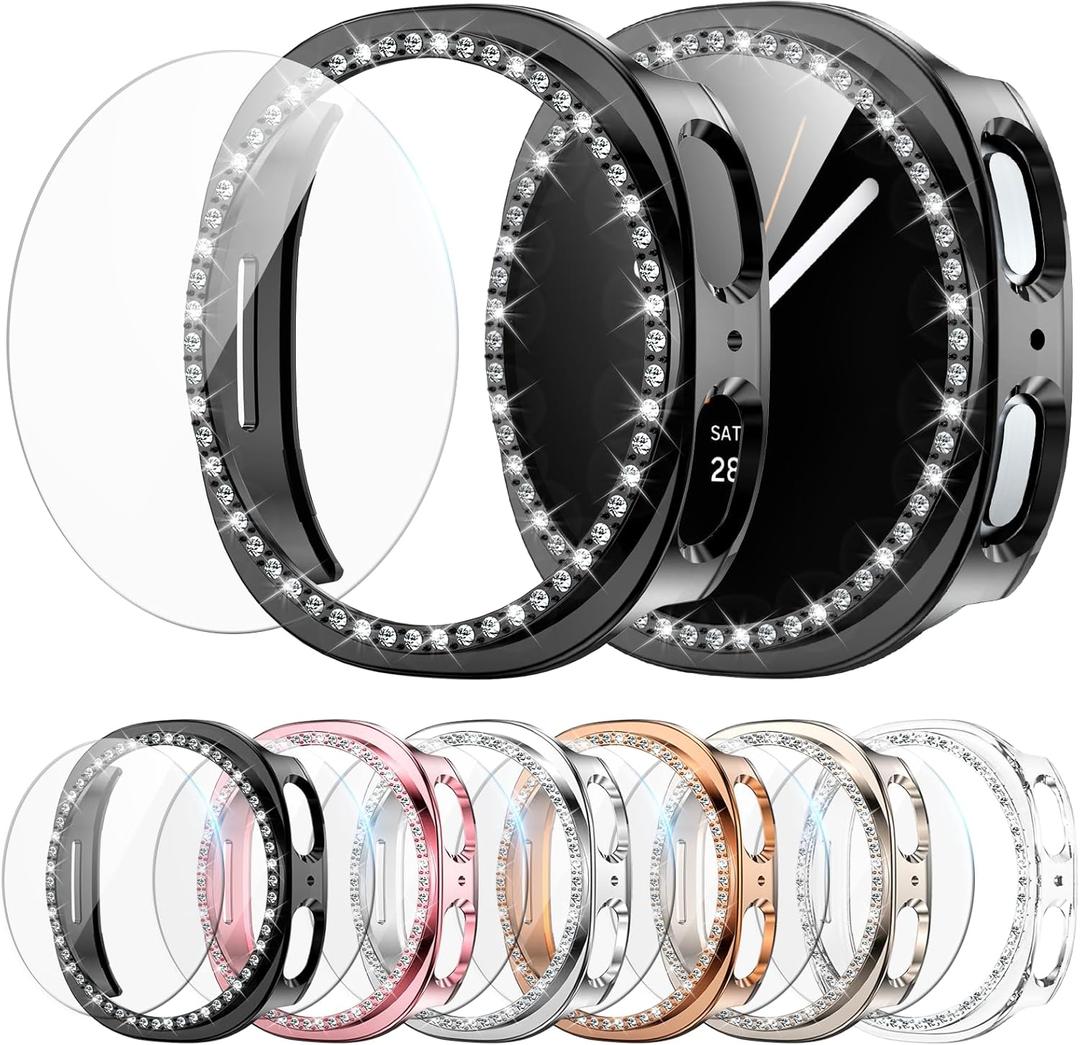 6+6 Pack Bling Case for Samsung Galaxy Watch 8 40mm Screen Protector, Sparkling Rhinestone Hard PC Case + HD Anti-Fog Tempered Glass Film, Waterproof Face Cover Set for Galaxy Watch 8 40mm (Black/Pink/Silver/Rose Gold/Starlight/Clear)