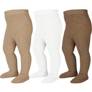 Mini angel Baby Tights Cable Knit Tights Baby Leggings Seamless Cotton Stockings Pantyhose 3/4 Pack for Infants Toddlers 0-5T (3-6 Months, Coffee+khaki+ivory, 3 Pack)